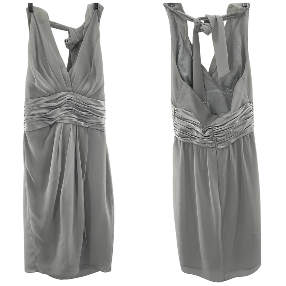 Maggy London Light Grey Silver Halter Tie Faux Wrap Chiffon Mini Dress Size 8